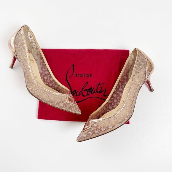 Christian Louboutin Shoes - CHRISTIAN LOUBOUTIN Neomid 55 Low Heel 38.5 US 8 Pointed Toe Rose Gold Lace Mesh